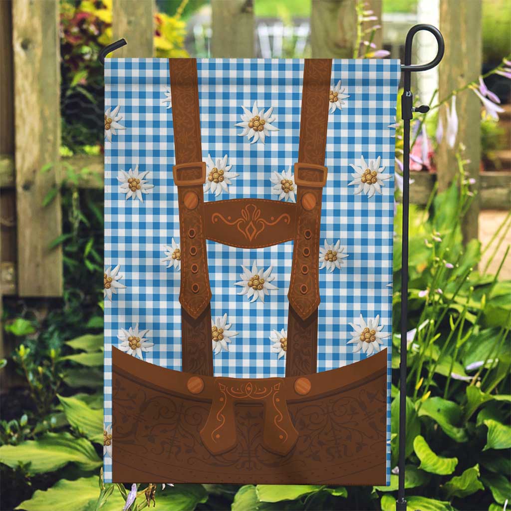 Traditional German Costume - Lederhosen Garden Flag Blue Plaid Pattern with Edelweiss Flowers - Wonder Print Shop