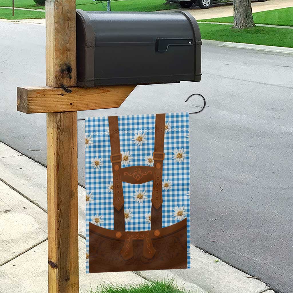 Traditional German Costume - Lederhosen Garden Flag Blue Plaid Pattern with Edelweiss Flowers - Wonder Print Shop