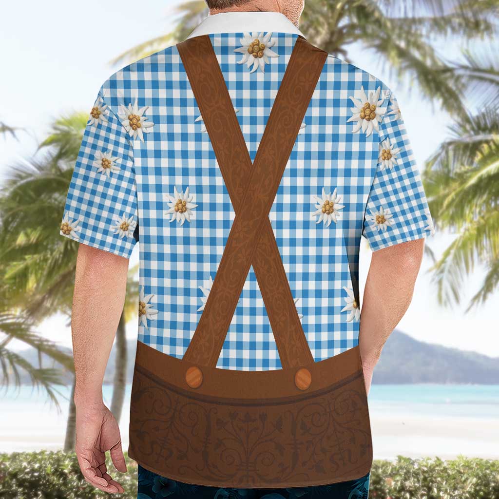 Traditional German Costume - Lederhosen Hawaiian Shirt Blue Plaid Pattern with Edelweiss Flowers - Wonder Print Shop