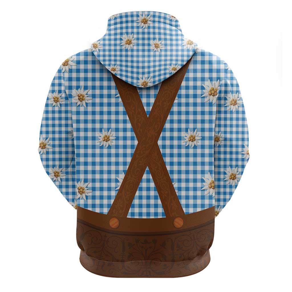 Traditional German Costume - Lederhosen Hoodie Blue Plaid Pattern with Edelweiss Flowers - Wonder Print Shop