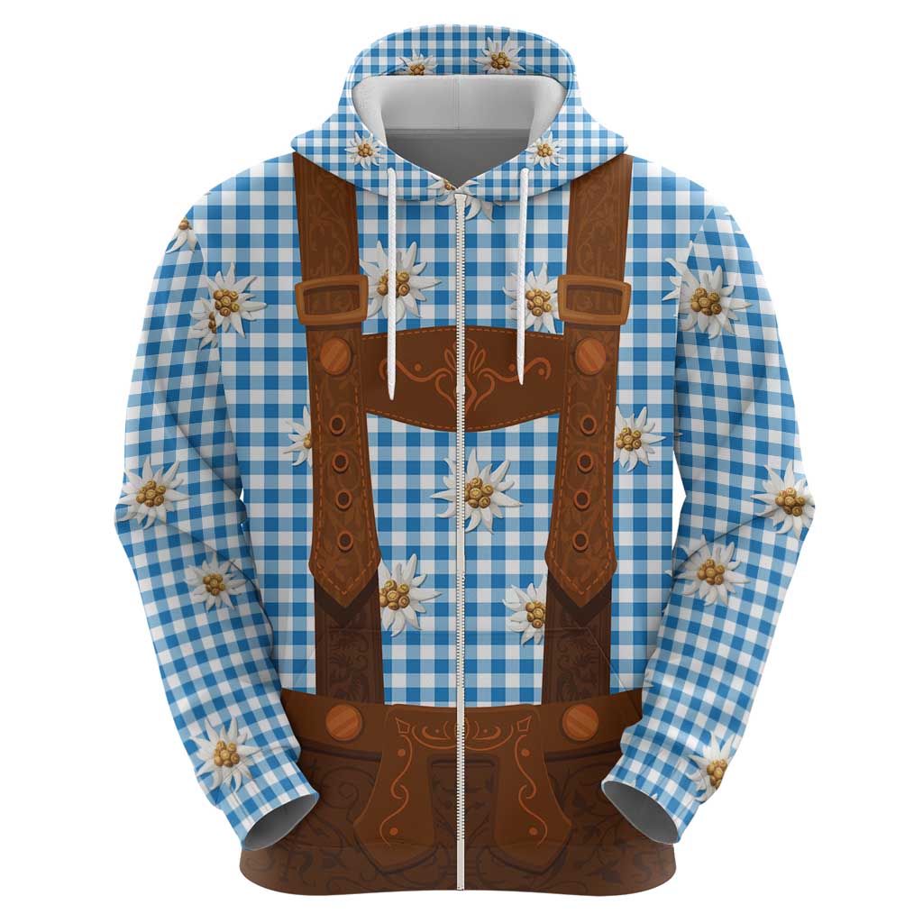 Traditional German Costume - Lederhosen Hoodie Blue Plaid Pattern with Edelweiss Flowers - Wonder Print Shop