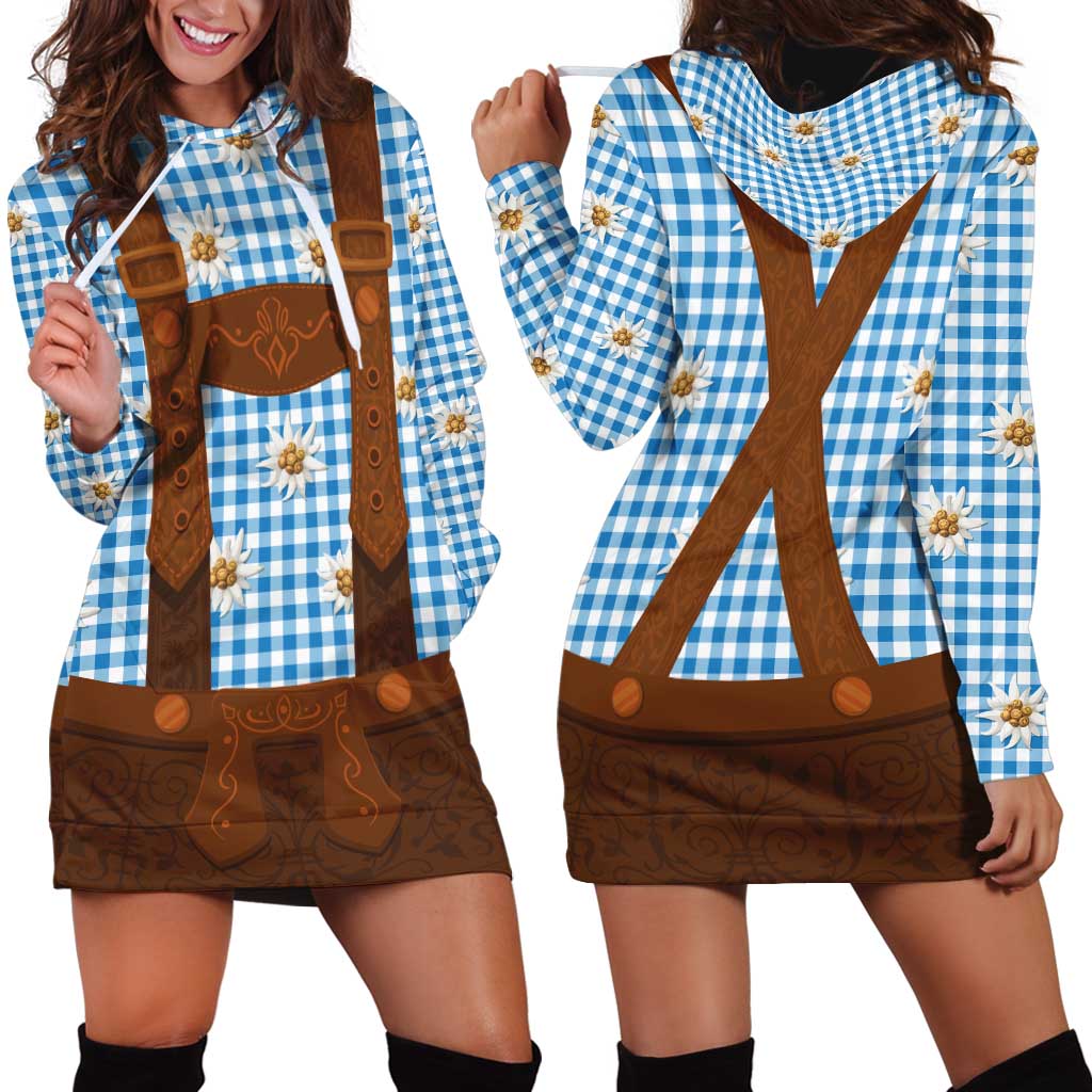 Traditional German Costume - Lederhosen Hoodie Dress Blue Plaid Pattern with Edelweiss Flowers - Wonder Print Shop