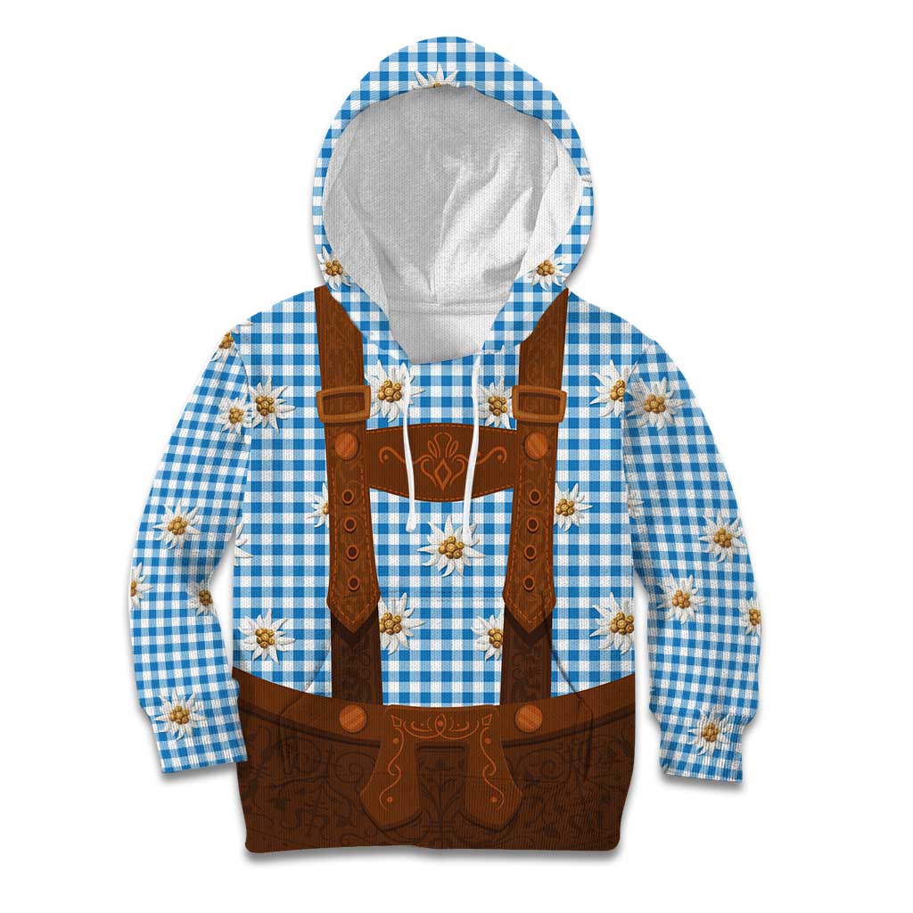 Traditional German Costume - Lederhosen Kid Hoodie Blue Plaid Pattern with Edelweiss Flowers - Wonder Print Shop