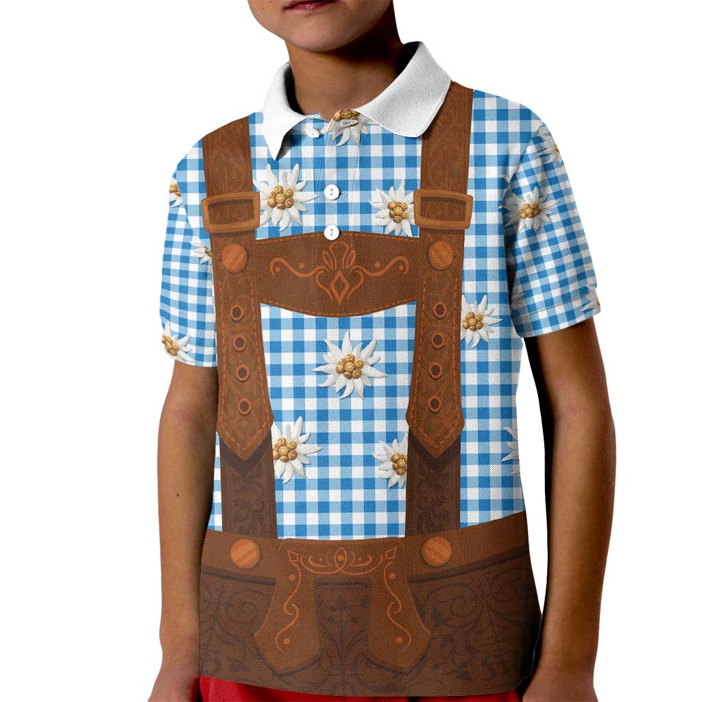 Traditional German Costume - Lederhosen Kid Polo Shirt Blue Plaid Pattern with Edelweiss Flowers - Wonder Print Shop