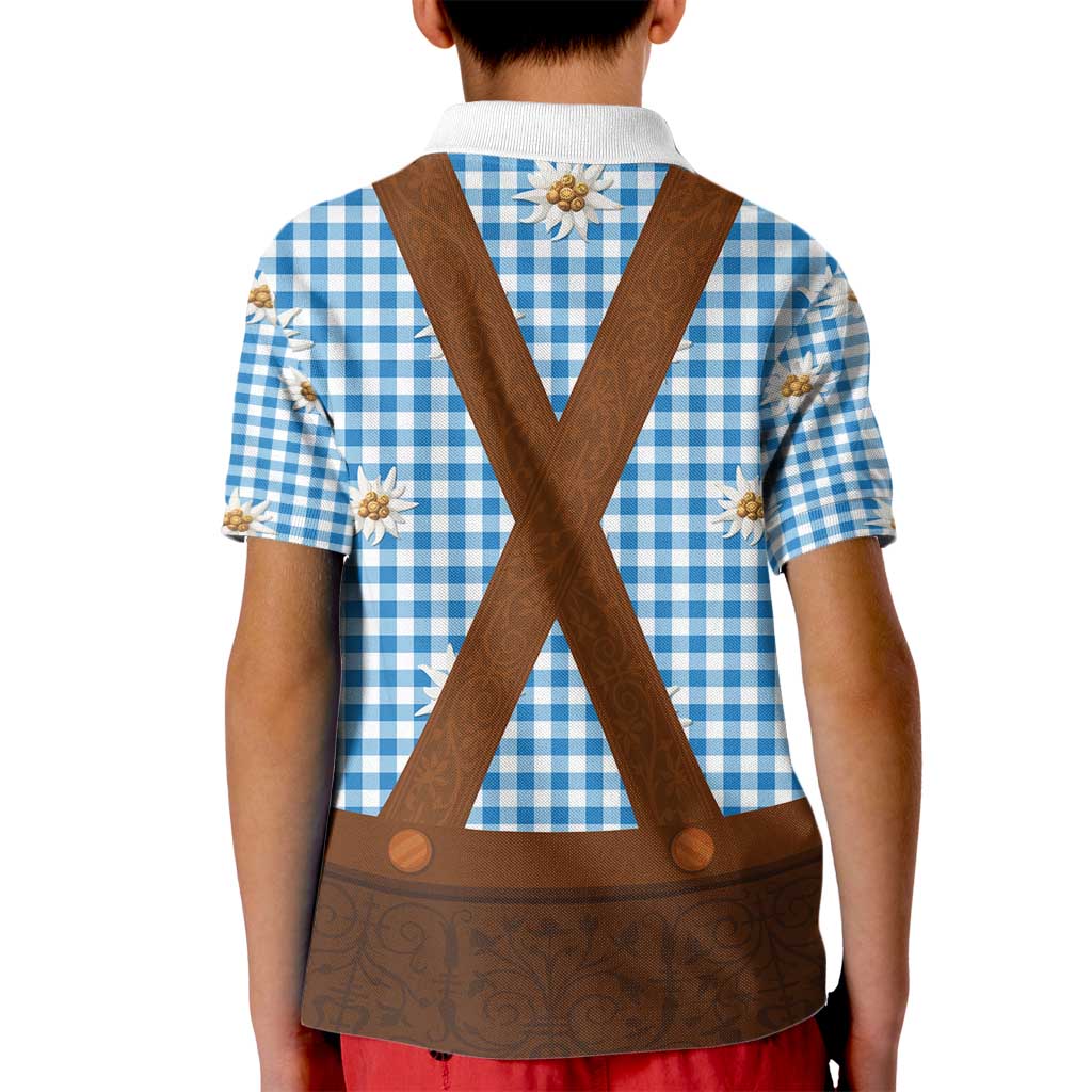Traditional German Costume - Lederhosen Kid Polo Shirt Blue Plaid Pattern with Edelweiss Flowers - Wonder Print Shop