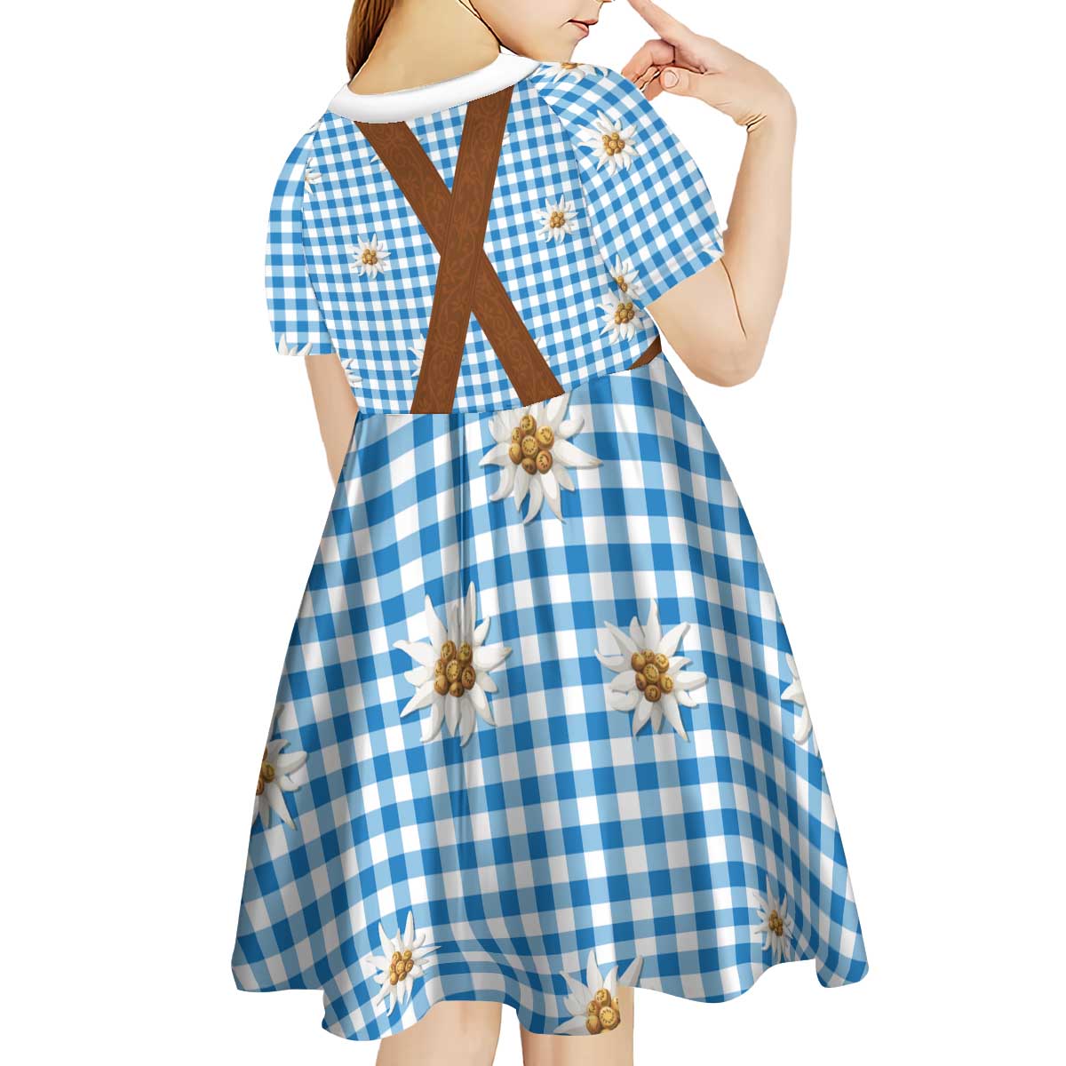 Traditional German Costume - Lederhosen Kid Short Sleeve Dress Blue Plaid Pattern with Edelweiss Flowers - Wonder Print Shop