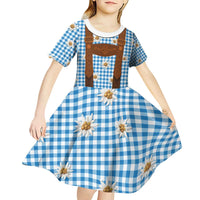 Traditional German Costume - Lederhosen Kid Short Sleeve Dress Blue Plaid Pattern with Edelweiss Flowers - Wonder Print Shop
