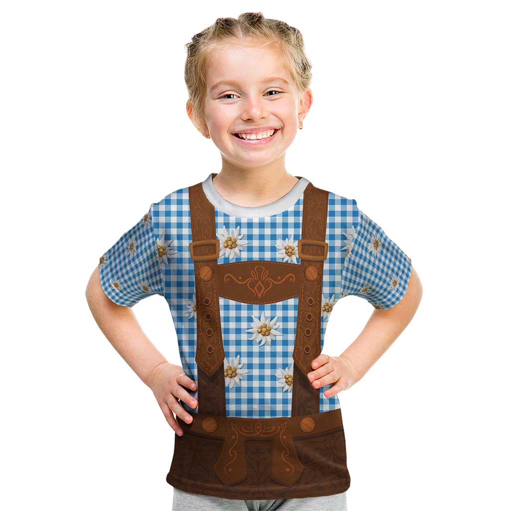 Traditional German Costume - Lederhosen Kid T Shirt Blue Plaid Pattern with Edelweiss Flowers - Wonder Print Shop