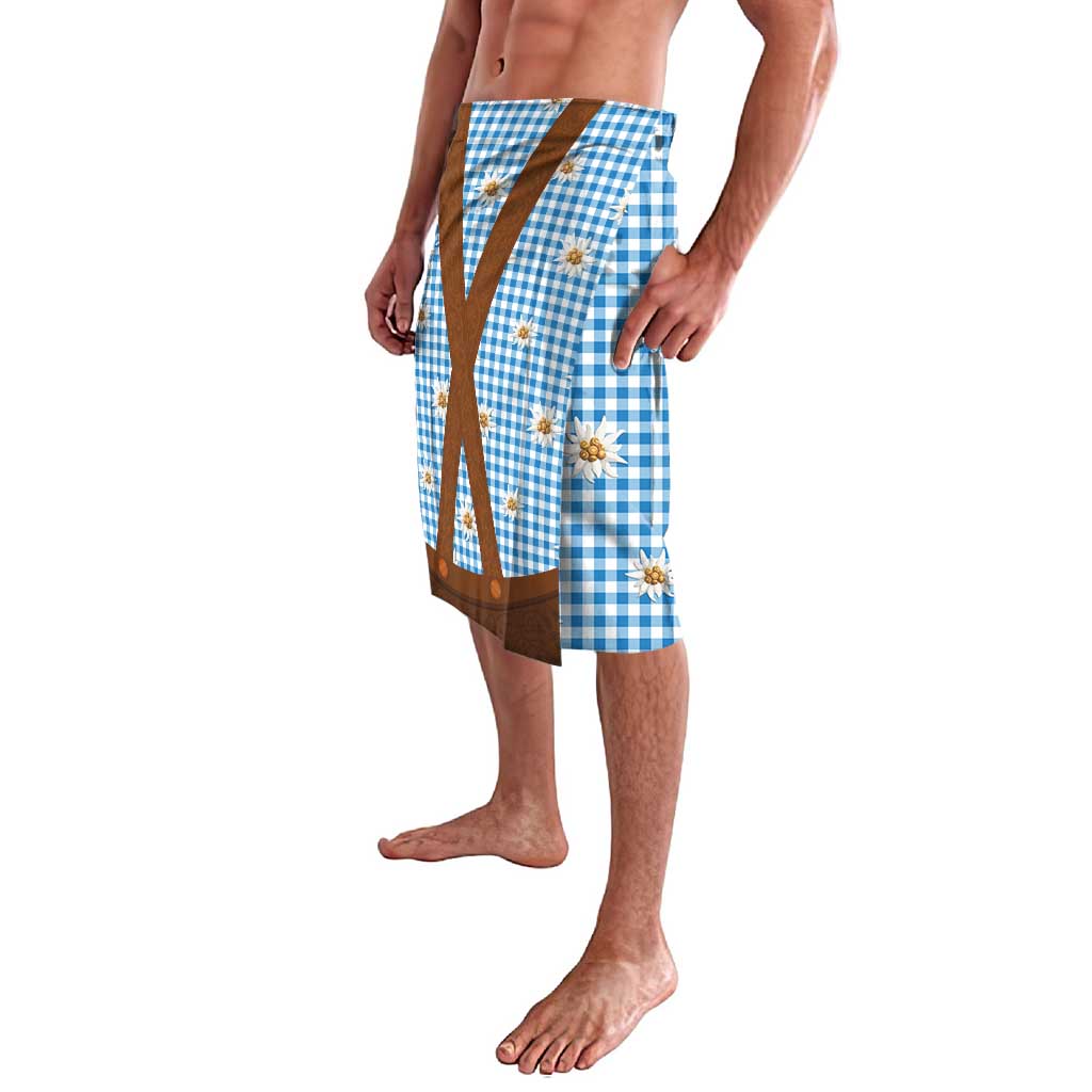 Traditional German Costume - Lederhosen Lavalava Blue Plaid Pattern with Edelweiss Flowers - Wonder Print Shop