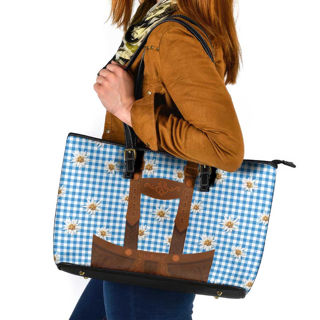 Traditional German Costume - Lederhosen Leather Tote Bag Blue Plaid Pattern with Edelweiss Flowers