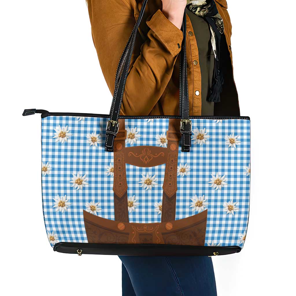 Traditional German Costume - Lederhosen Leather Tote Bag Blue Plaid Pattern with Edelweiss Flowers