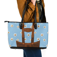 Traditional German Costume - Lederhosen Leather Tote Bag Blue Plaid Pattern with Edelweiss Flowers