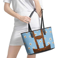Traditional German Costume - Lederhosen Leather Tote Bag Blue Plaid Pattern with Edelweiss Flowers