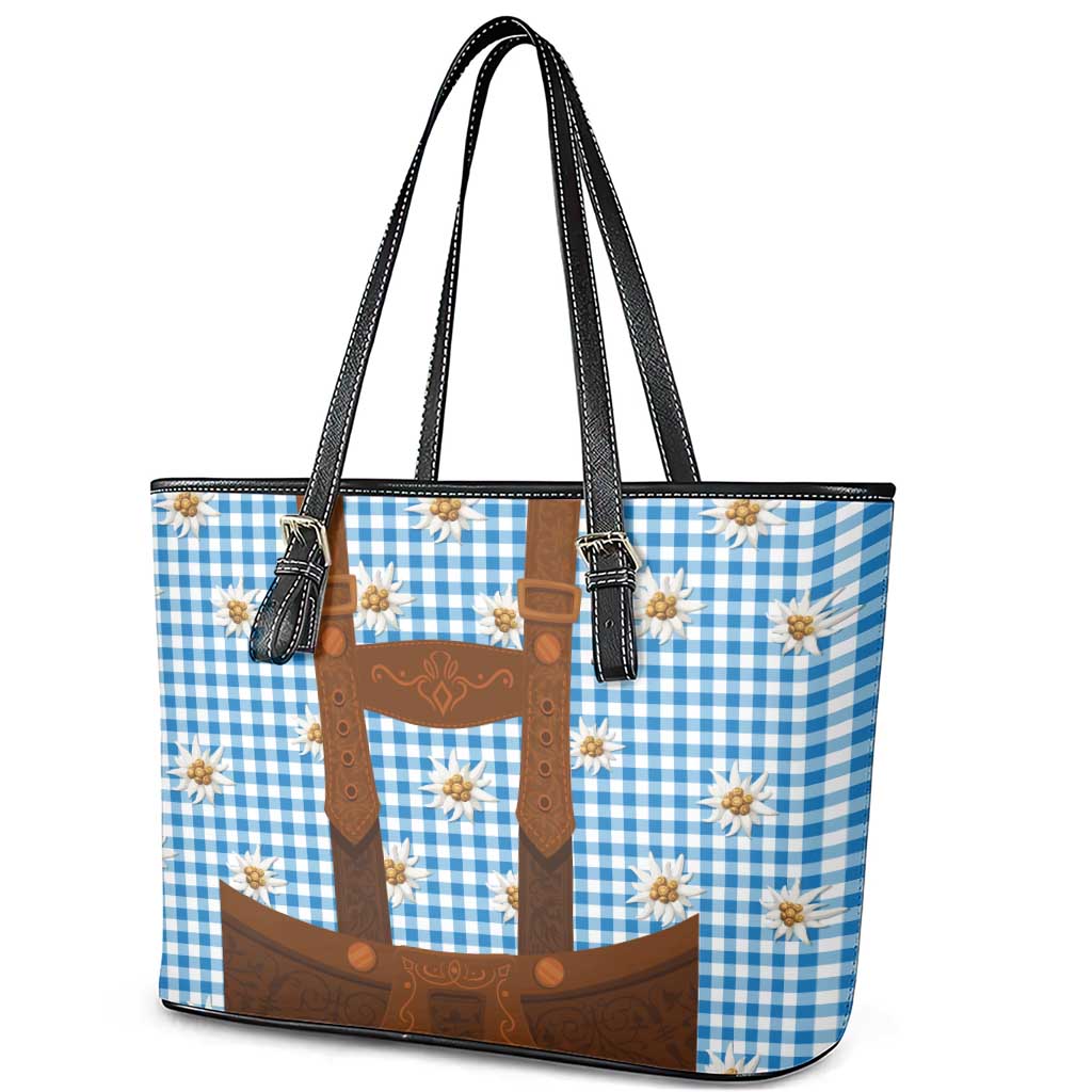 Traditional German Costume - Lederhosen Leather Tote Bag Blue Plaid Pattern with Edelweiss Flowers