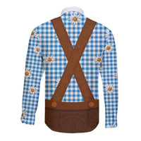 Traditional German Costume - Lederhosen Long Sleeve Button Shirt Blue Plaid Pattern with Edelweiss Flowers