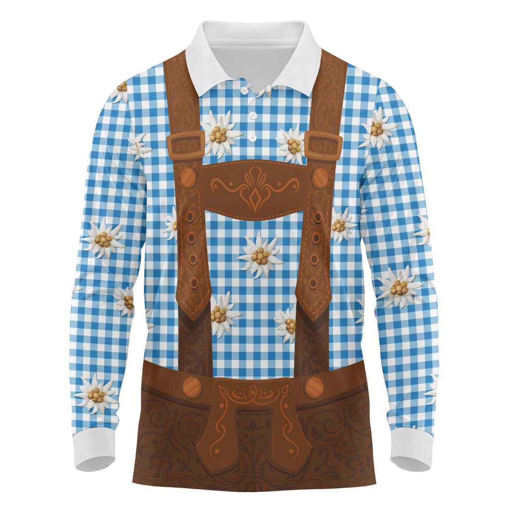 Traditional German Costume - Lederhosen Long Sleeve Polo Shirt Blue Plaid Pattern with Edelweiss Flowers - Wonder Print Shop