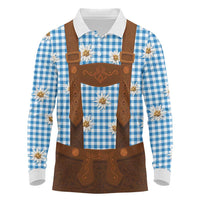 Traditional German Costume - Lederhosen Long Sleeve Polo Shirt Blue Plaid Pattern with Edelweiss Flowers - Wonder Print Shop
