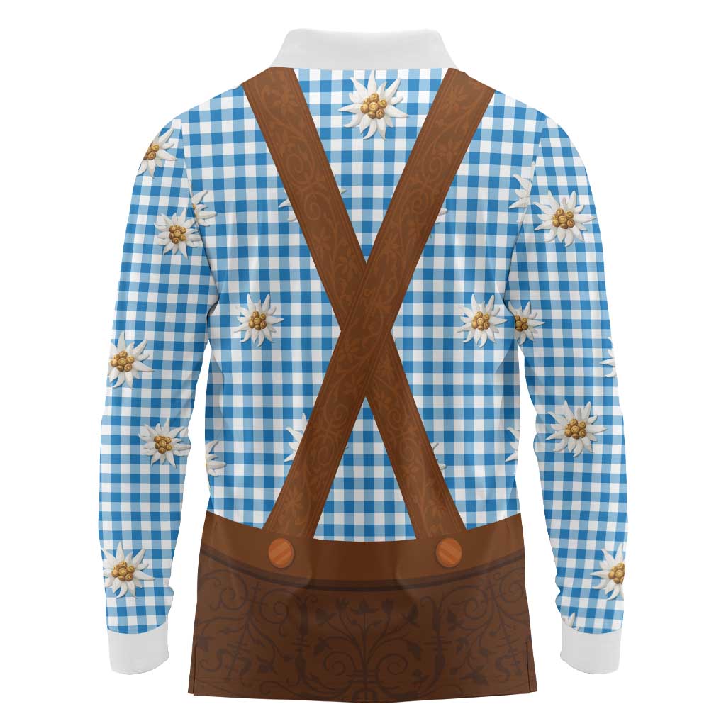 Traditional German Costume - Lederhosen Long Sleeve Polo Shirt Blue Plaid Pattern with Edelweiss Flowers - Wonder Print Shop