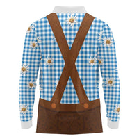 Traditional German Costume - Lederhosen Long Sleeve Polo Shirt Blue Plaid Pattern with Edelweiss Flowers - Wonder Print Shop