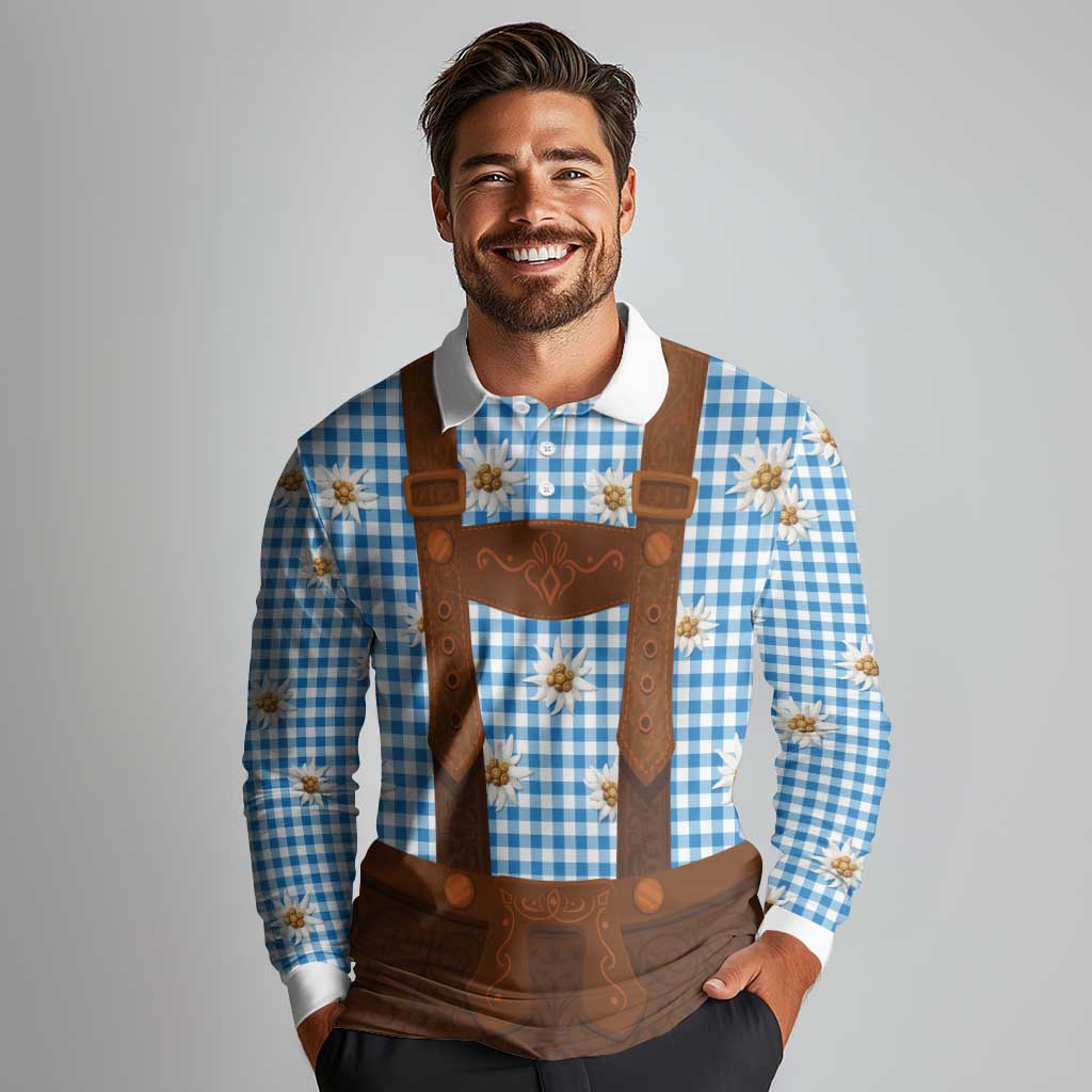 Traditional German Costume - Lederhosen Long Sleeve Polo Shirt Blue Plaid Pattern with Edelweiss Flowers - Wonder Print Shop