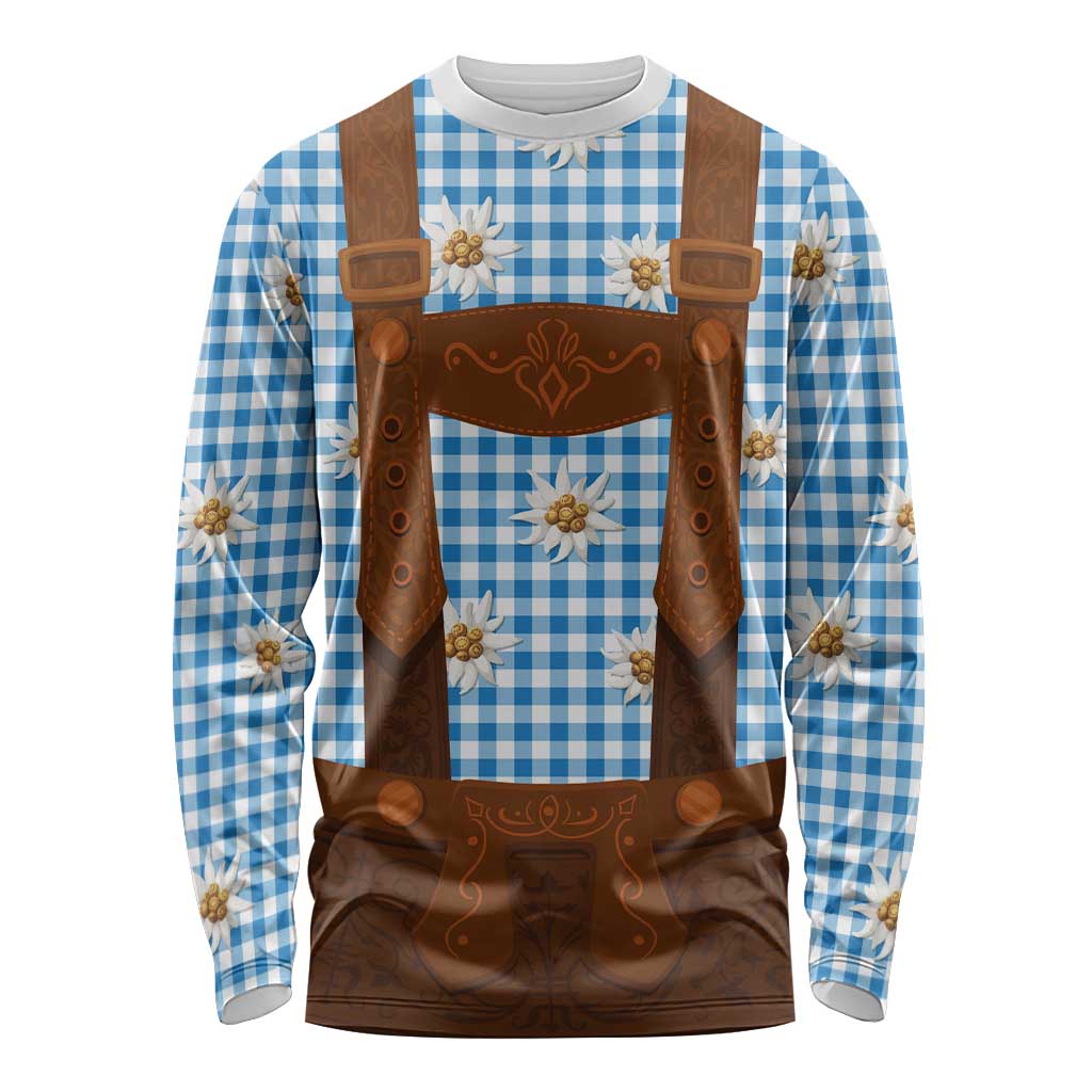 Traditional German Costume - Lederhosen Long Sleeve Shirt Blue Plaid Pattern with Edelweiss Flowers - Wonder Print Shop
