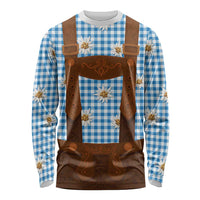 Traditional German Costume - Lederhosen Long Sleeve Shirt Blue Plaid Pattern with Edelweiss Flowers - Wonder Print Shop