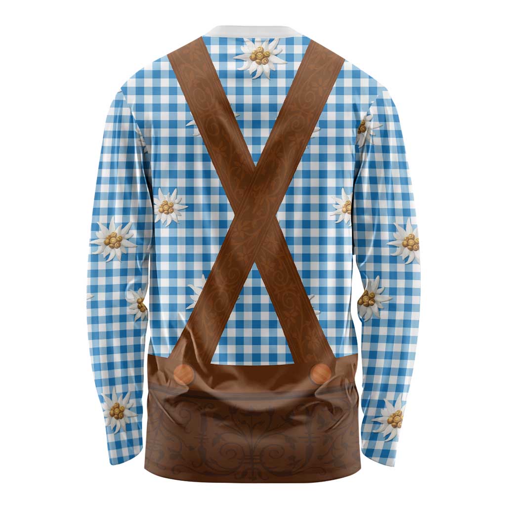 Traditional German Costume - Lederhosen Long Sleeve Shirt Blue Plaid Pattern with Edelweiss Flowers - Wonder Print Shop