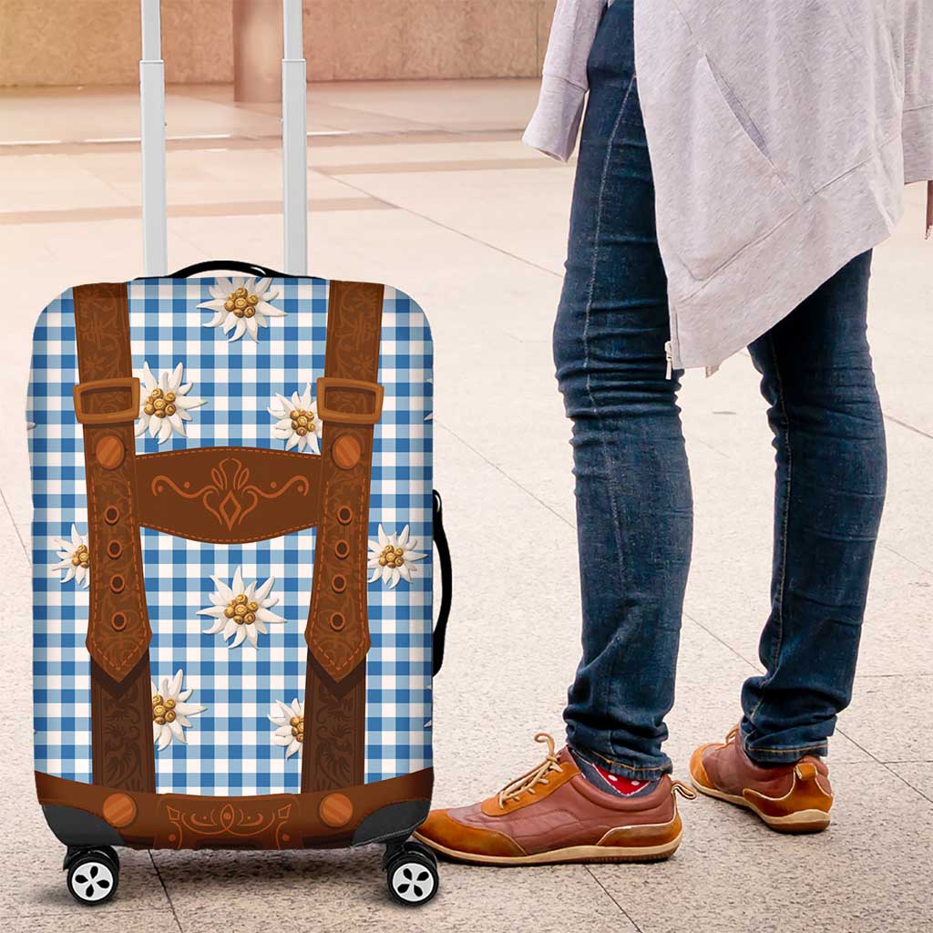 Traditional German Costume - Lederhosen Luggage Cover Blue Plaid Pattern with Edelweiss Flowers - Wonder Print Shop