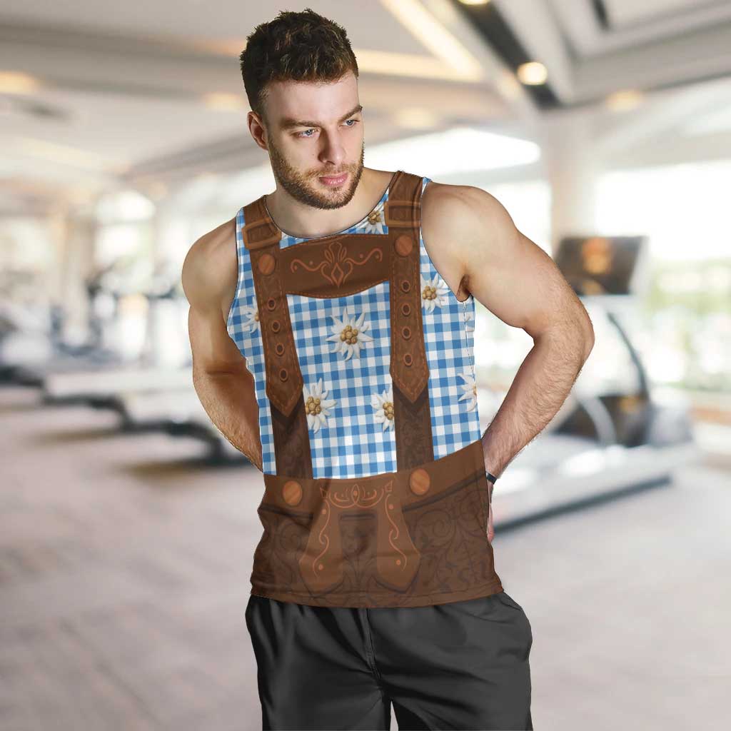 Traditional German Costume - Lederhosen Men Tank Top Blue Plaid Pattern with Edelweiss Flowers - Wonder Print Shop