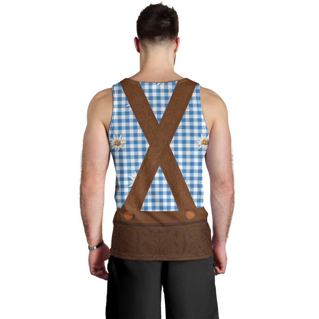Traditional German Costume - Lederhosen Men Tank Top Blue Plaid Pattern with Edelweiss Flowers - Wonder Print Shop