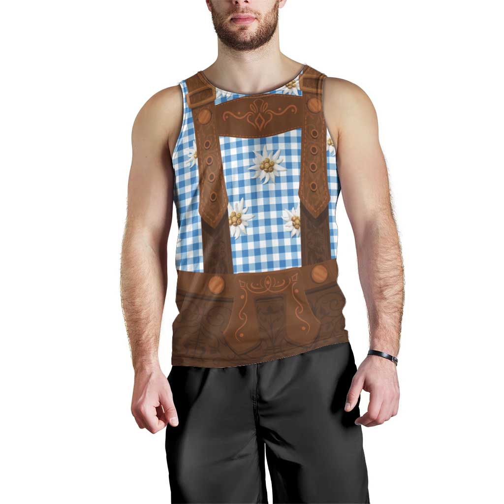 Traditional German Costume - Lederhosen Men Tank Top Blue Plaid Pattern with Edelweiss Flowers - Wonder Print Shop