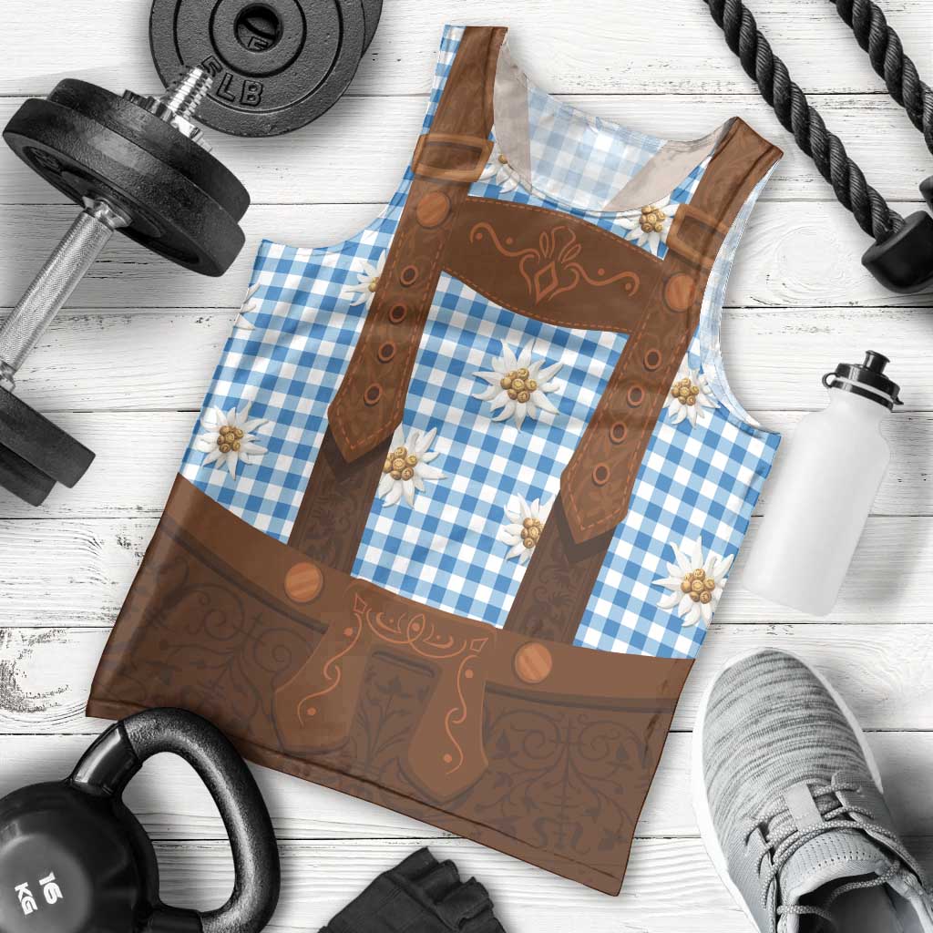 Traditional German Costume - Lederhosen Men Tank Top Blue Plaid Pattern with Edelweiss Flowers - Wonder Print Shop