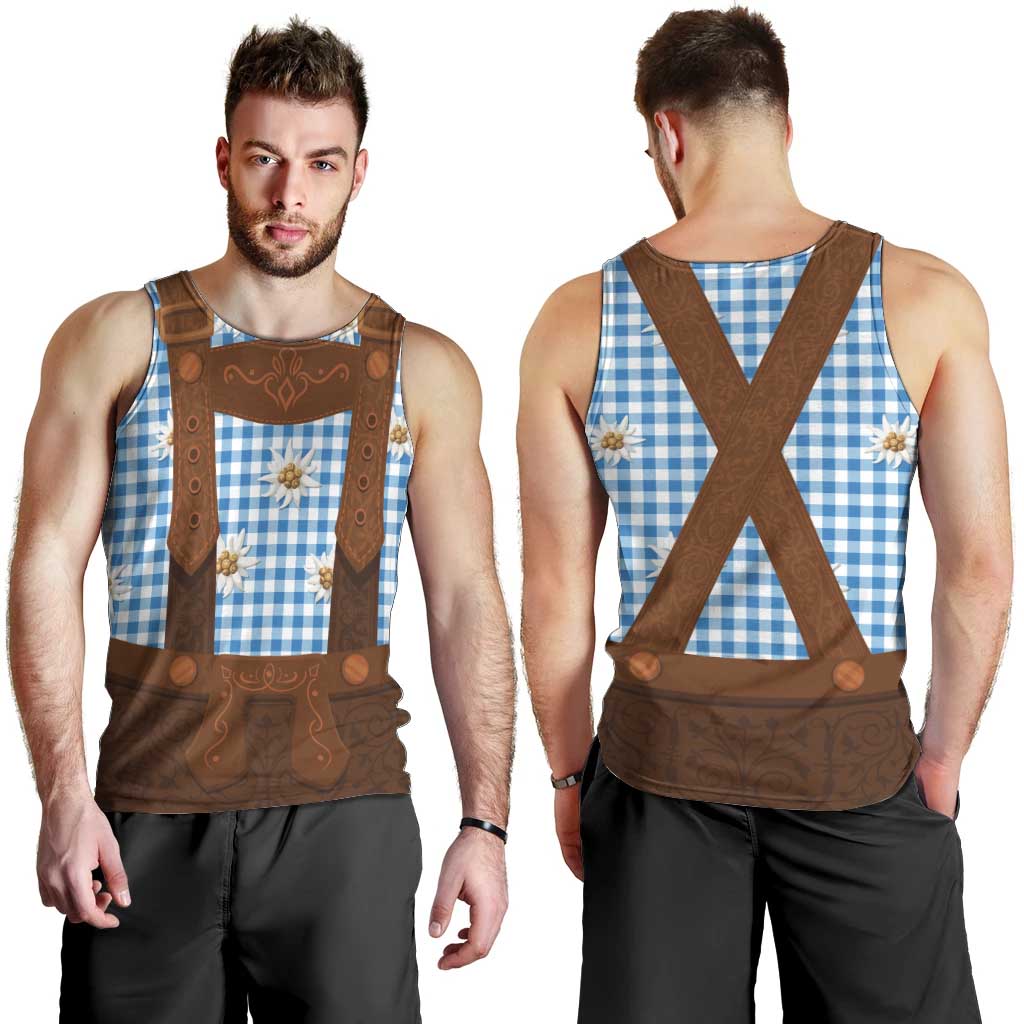 Traditional German Costume - Lederhosen Men Tank Top Blue Plaid Pattern with Edelweiss Flowers - Wonder Print Shop