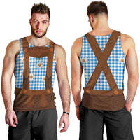 Traditional German Costume - Lederhosen Men Tank Top Blue Plaid Pattern with Edelweiss Flowers - Wonder Print Shop