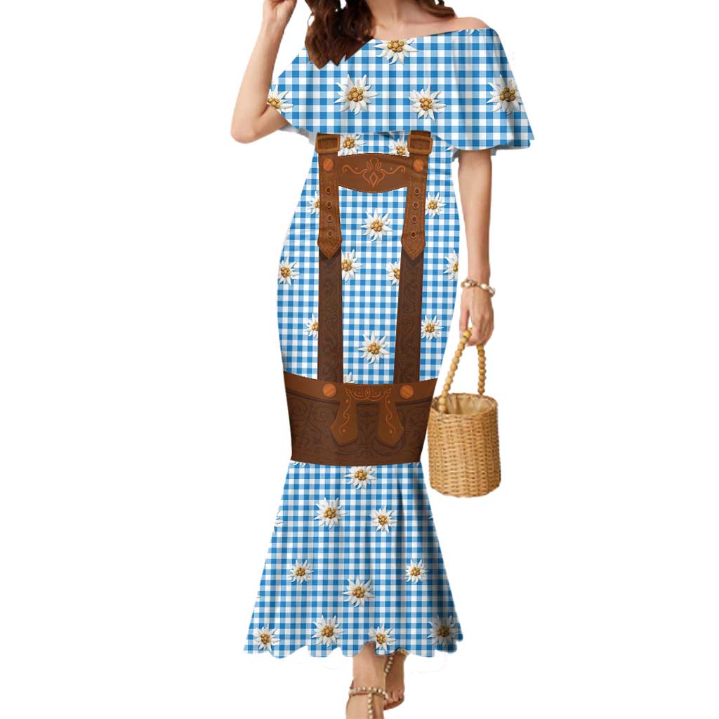 Traditional German Costume - Lederhosen Mermaid Dress Blue Plaid Pattern with Edelweiss Flowers - Wonder Print Shop