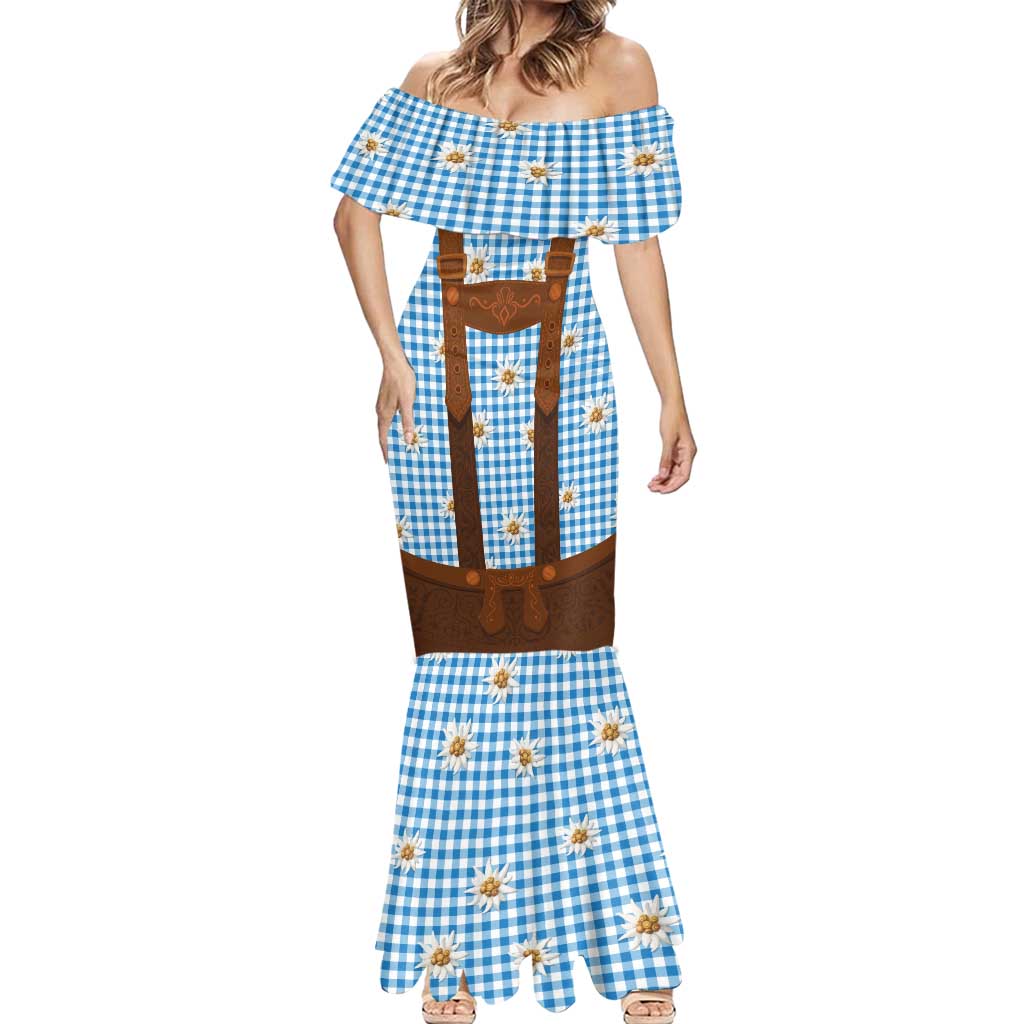 Traditional German Costume - Lederhosen Mermaid Dress Blue Plaid Pattern with Edelweiss Flowers - Wonder Print Shop