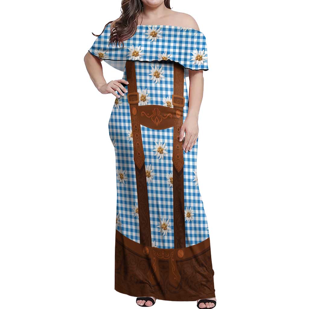 Traditional German Costume - Lederhosen Off Shoulder Maxi Dress Blue Plaid Pattern with Edelweiss Flowers - Wonder Print Shop