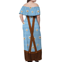 Traditional German Costume - Lederhosen Off Shoulder Maxi Dress Blue Plaid Pattern with Edelweiss Flowers - Wonder Print Shop