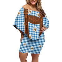 Traditional German Costume - Lederhosen Off Shoulder Short Dress Blue Plaid Pattern with Edelweiss Flowers - Wonder Print Shop