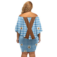 Traditional German Costume - Lederhosen Off Shoulder Short Dress Blue Plaid Pattern with Edelweiss Flowers - Wonder Print Shop