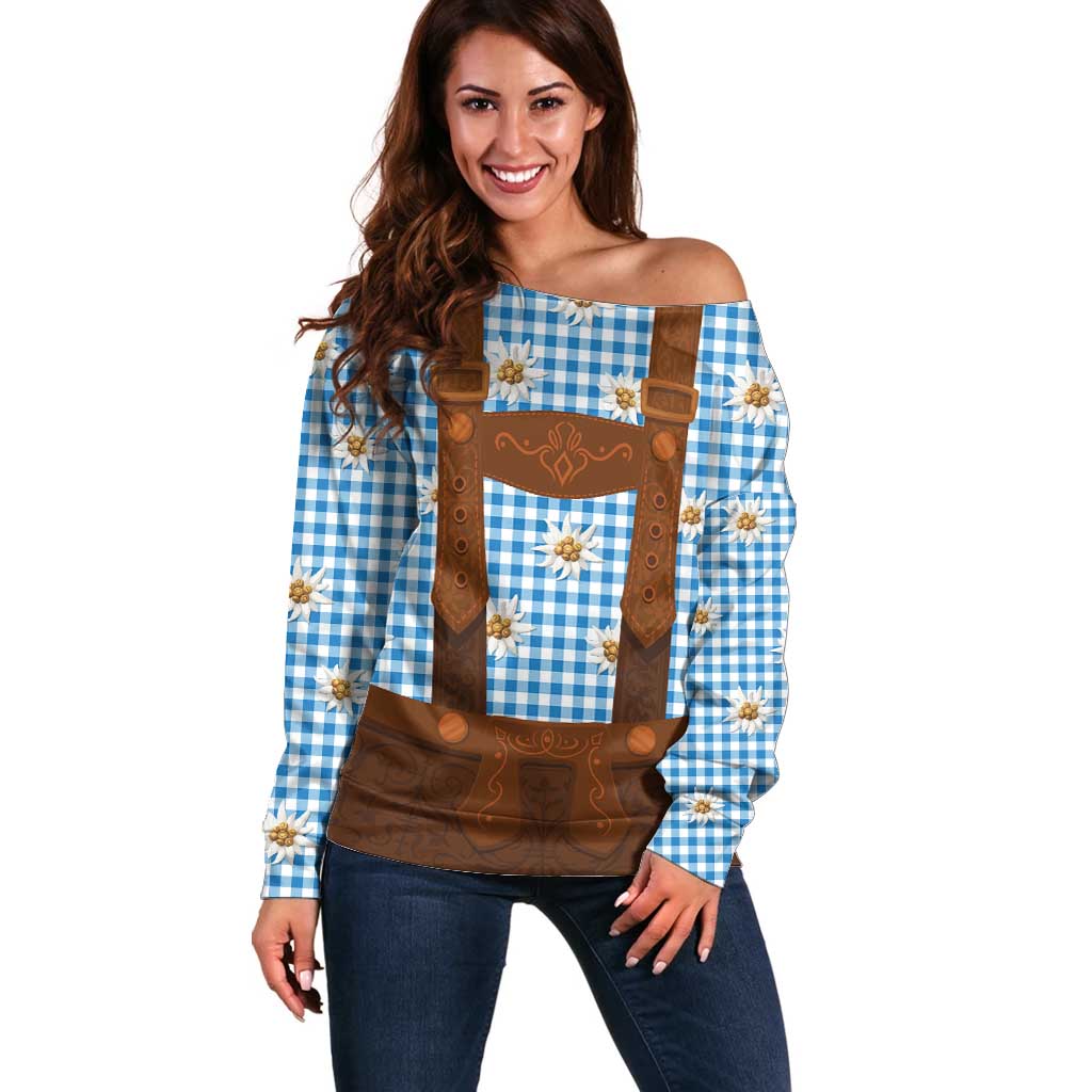 Traditional German Costume - Lederhosen Off Shoulder Sweater Blue Plaid Pattern with Edelweiss Flowers - Wonder Print Shop