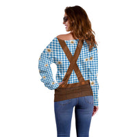 Traditional German Costume - Lederhosen Off Shoulder Sweater Blue Plaid Pattern with Edelweiss Flowers - Wonder Print Shop