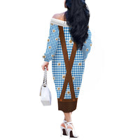 Traditional German Costume - Lederhosen Off The Shoulder Long Sleeve Dress Blue Plaid Pattern with Edelweiss Flowers - Wonder Print Shop