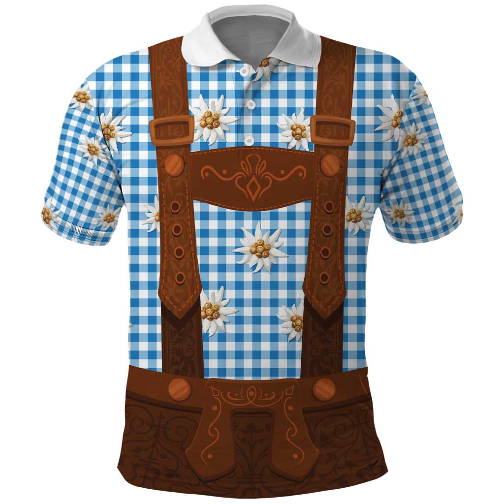 Traditional German Costume - Lederhosen Polo Shirt Blue Plaid Pattern with Edelweiss Flowers - Wonder Print Shop
