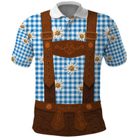 Traditional German Costume - Lederhosen Polo Shirt Blue Plaid Pattern with Edelweiss Flowers - Wonder Print Shop
