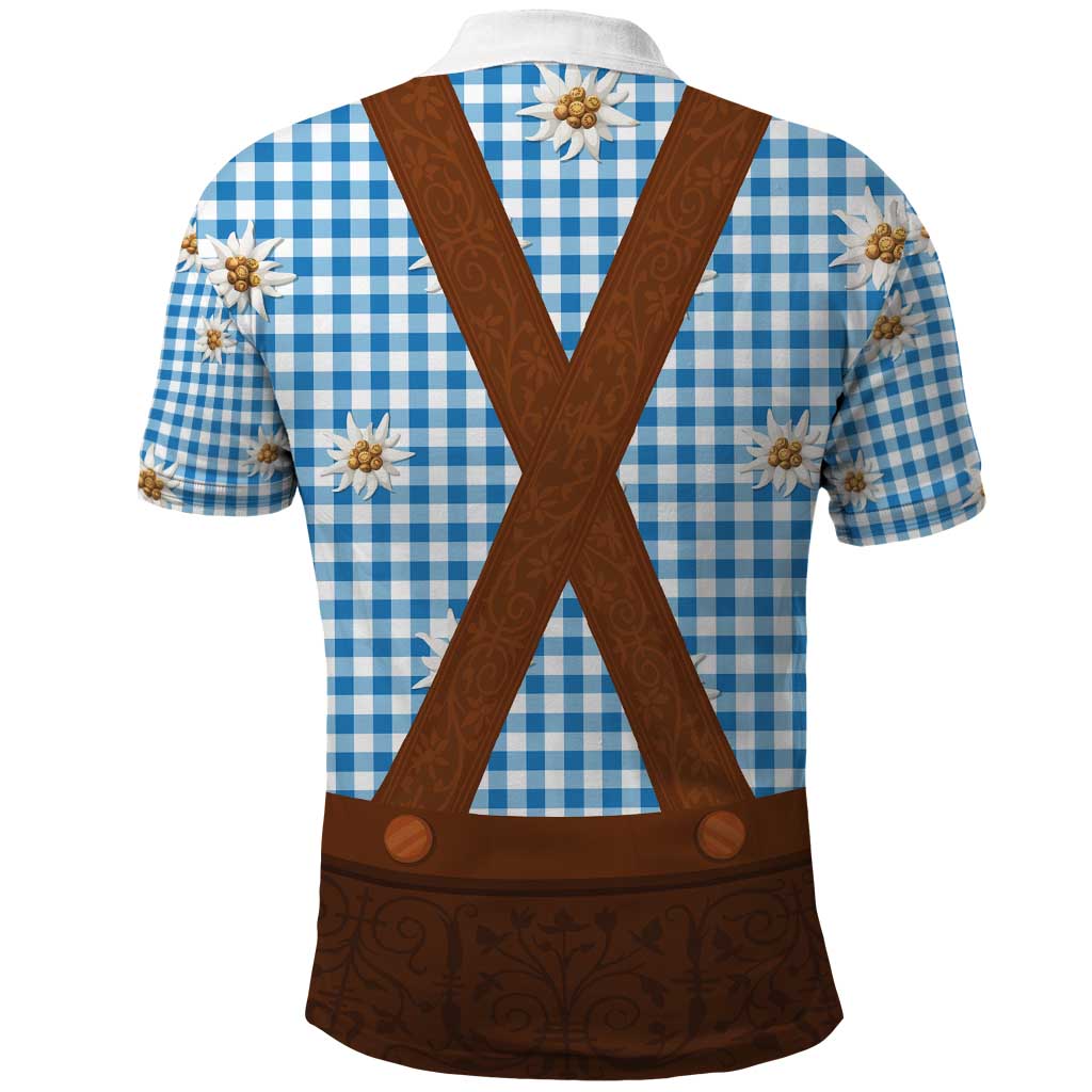 Traditional German Costume - Lederhosen Polo Shirt Blue Plaid Pattern with Edelweiss Flowers - Wonder Print Shop