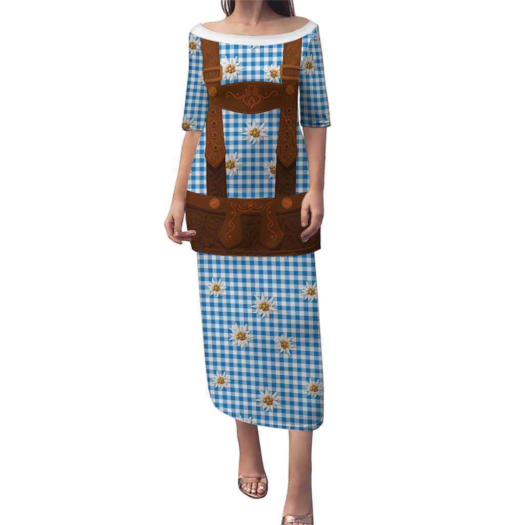 Traditional German Costume - Lederhosen Puletasi Blue Plaid Pattern with Edelweiss Flowers - Wonder Print Shop