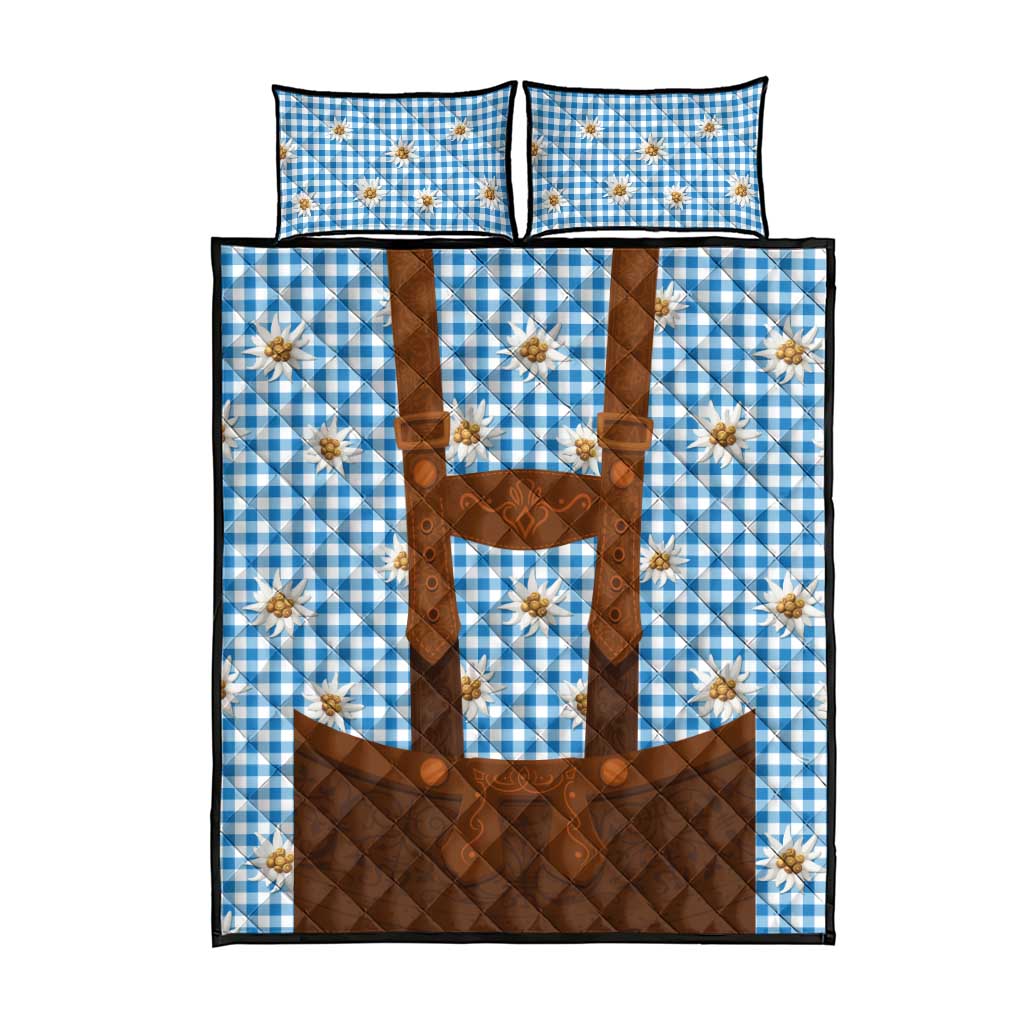 Traditional German Costume - Lederhosen Quilt Bed Set Blue Plaid Pattern with Edelweiss Flowers - Wonder Print Shop