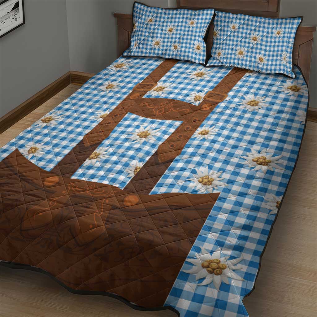 Traditional German Costume - Lederhosen Quilt Bed Set Blue Plaid Pattern with Edelweiss Flowers - Wonder Print Shop