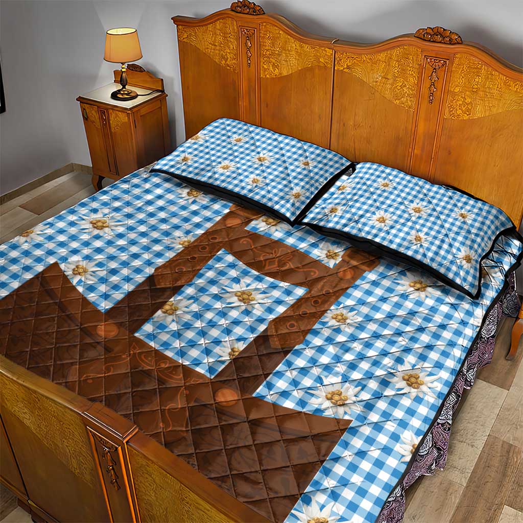 Traditional German Costume - Lederhosen Quilt Bed Set Blue Plaid Pattern with Edelweiss Flowers - Wonder Print Shop